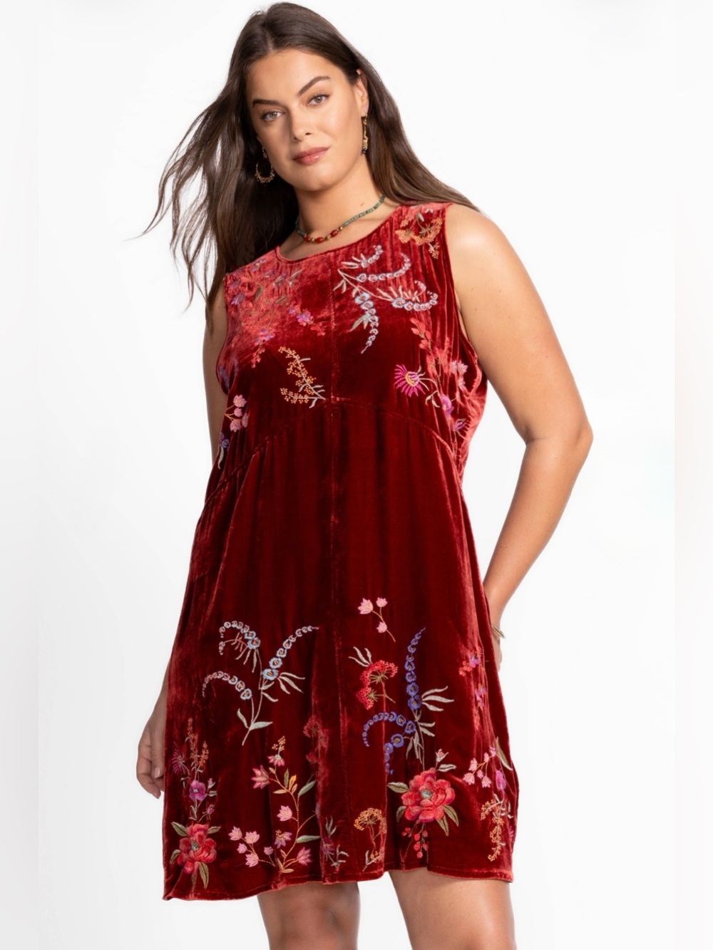 Johnny Was Embroidered Ruby Velvet Mini Dress